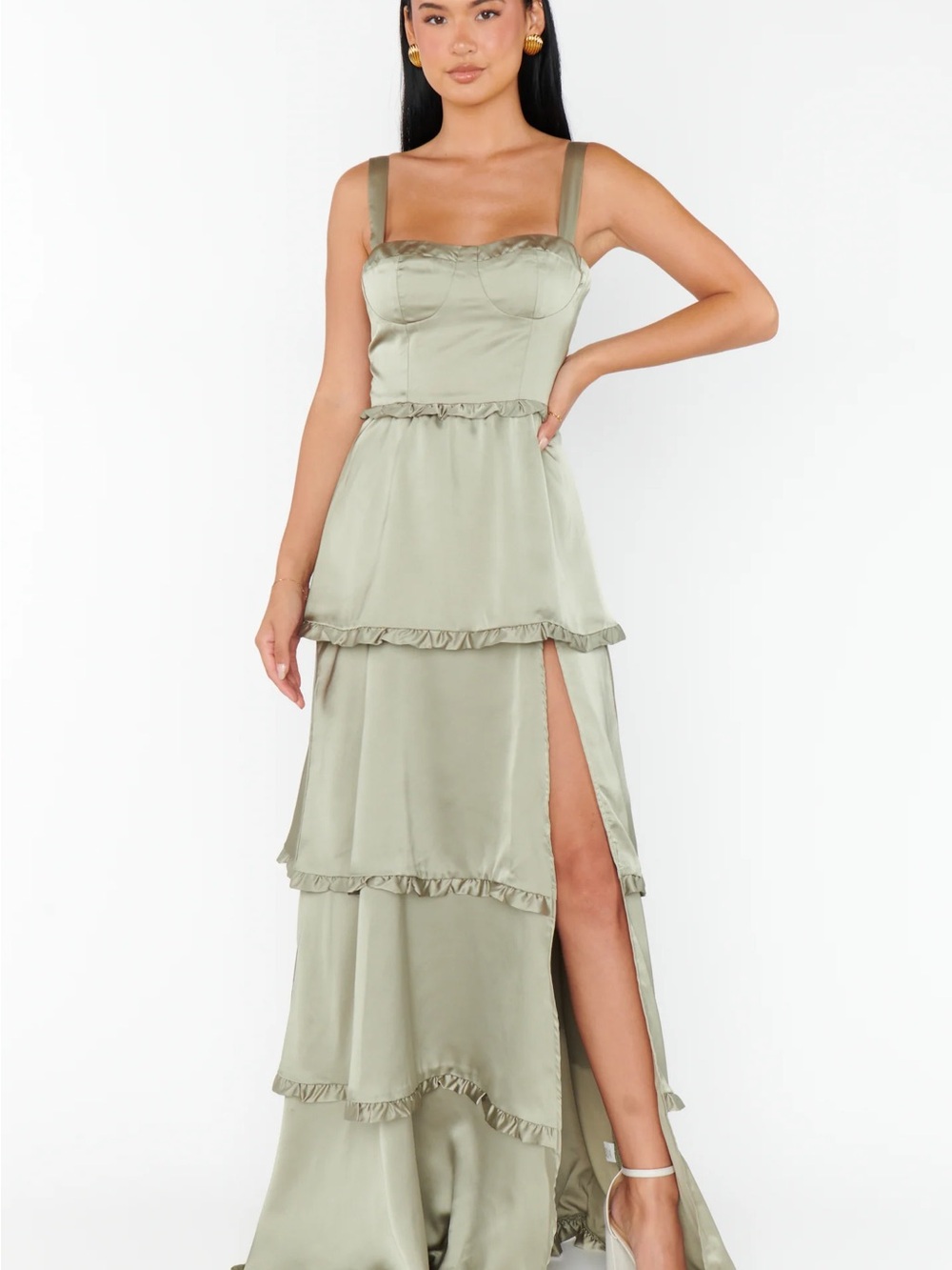 Show Me Your MuMu Tiered Satin Maxi Dress in Sage